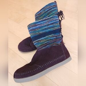 Women’s Suede Mid-Calf Boot with Blue Stripe Knit Cuff
